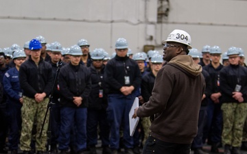 USS Ronald Reagan (CVN 76) Sailors attend a safety all-hands call