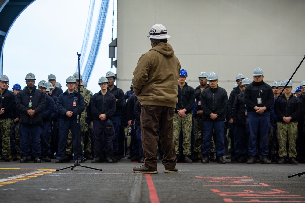 USS Ronald Reagan (CVN 76) Sailors attend a safety all-hands call