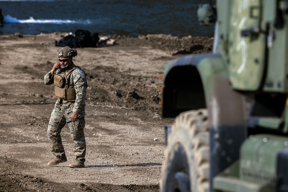 Stronger Together, U.S. Marines and U.S. Army Soldiers Move Equipment Using an Improved Ribbon Bridge