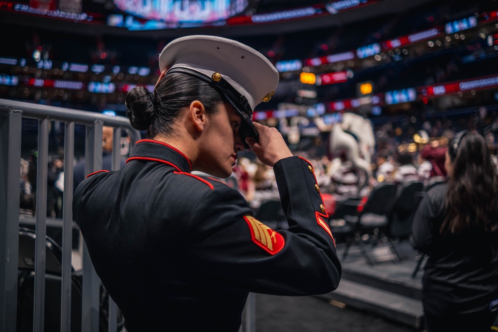 Sgt. Shelby Petersen performs the national anthem at Capital One Arena