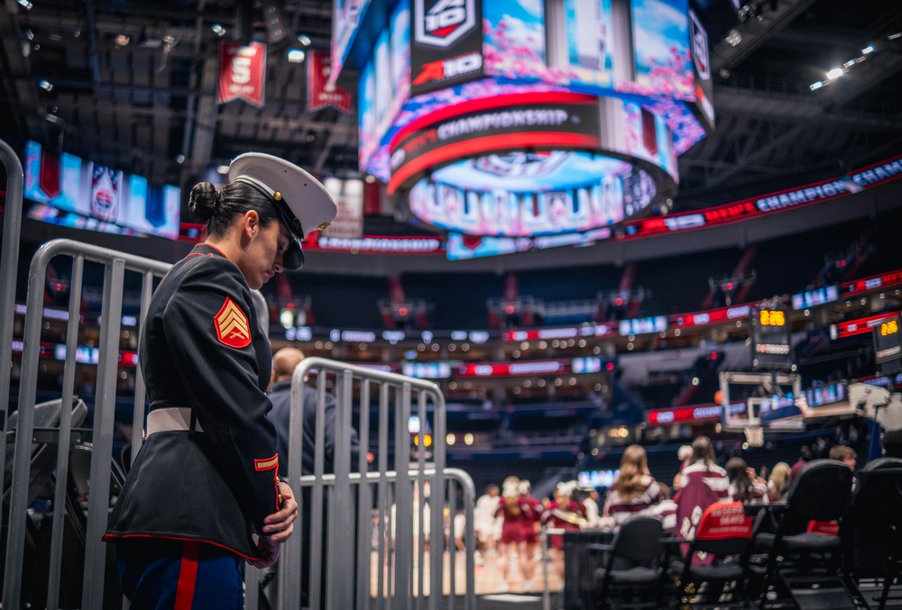 Sgt. Shelby Petersen performs the national anthem at Capital One Arena