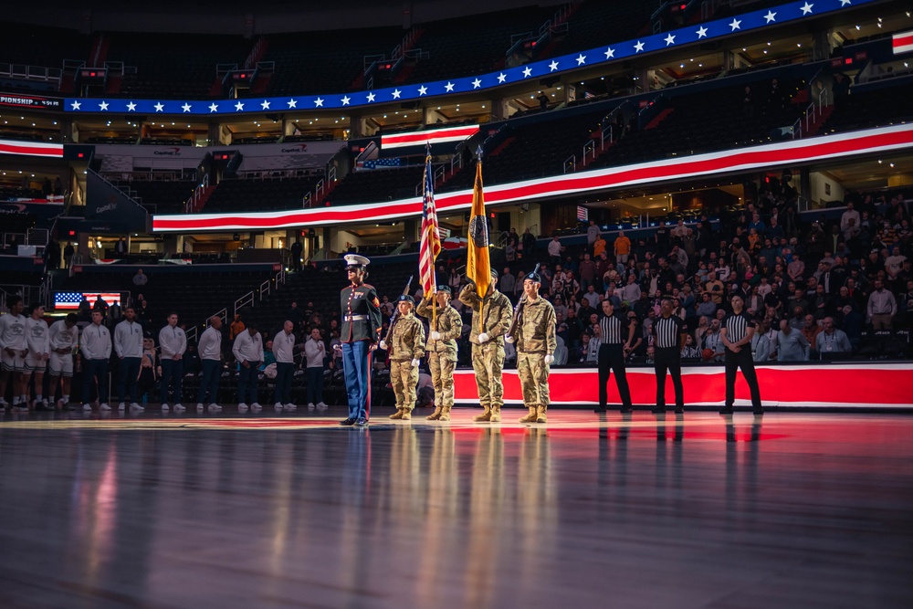 Sgt. Shelby Petersen performs the national anthem at Capital One Arena