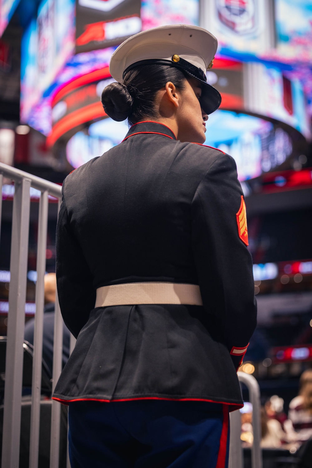 Sgt. Shelby Petersen performs the national anthem at Capital One Arena