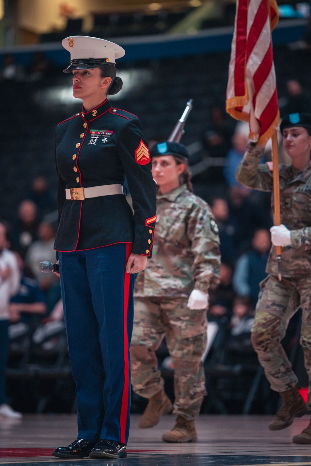 Sgt. Shelby Petersen performs the national anthem at Capital One Arena