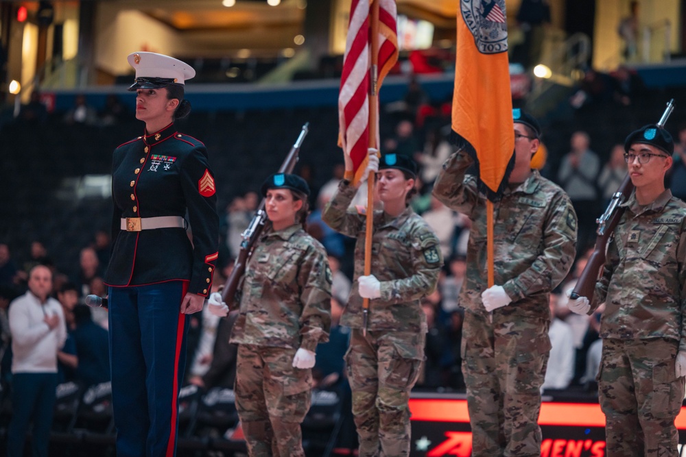 Sgt. Shelby Petersen performs the national anthem at Capital One Arena