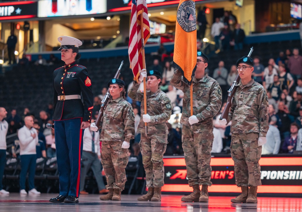 Sgt. Shelby Petersen performs the national anthem at Capital One Arena