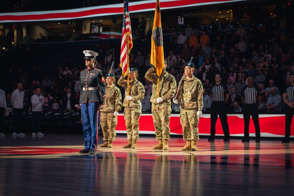 Sgt. Shelby Petersen performs the national anthem at Capital One Arena