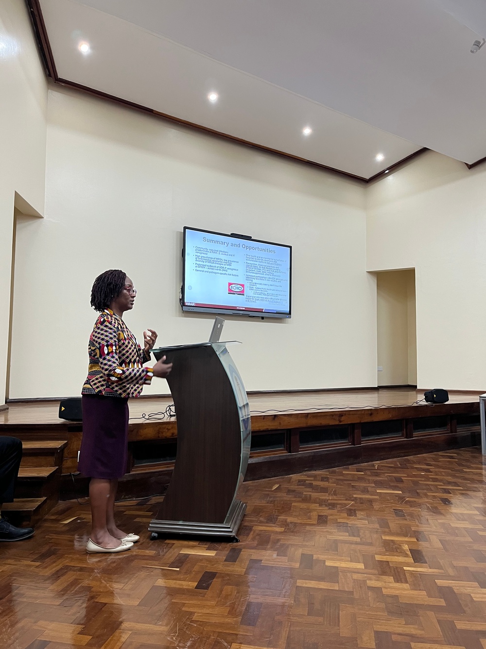 Dr. Lillian Musila, WRAIR-Africa Research Director, presents findings of extensively drug-resistant bacteria from Defence Forces Memorial Hospital at the Kenya Medical Research Institute for the Kenya Defense Force Quarterly Meeting