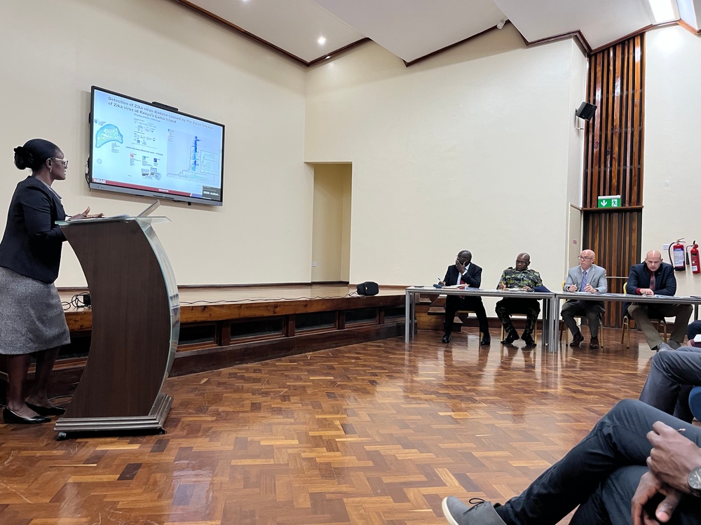Dr. Beth Mutai, WRAIR-Africa lab manager, discusses finding of Zika virus in vicinity of a Kenya Navy base in Lamu County at the Kenya Medical Research Institute for the Kenya Defense Force Quarterly Meeting.