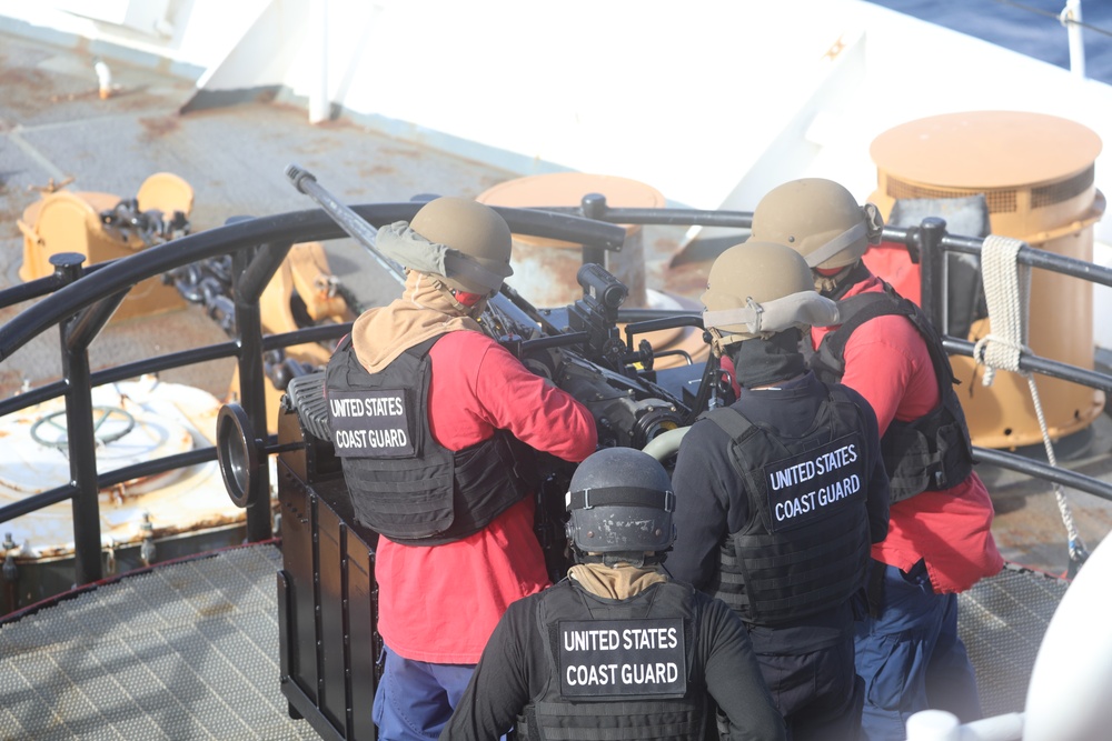 Coast Guard Cutter Reliance crew members conduct gunnery exercise at sea