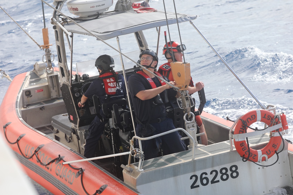 Coast Guard Cutter Reliance conducts small boat operations at sea