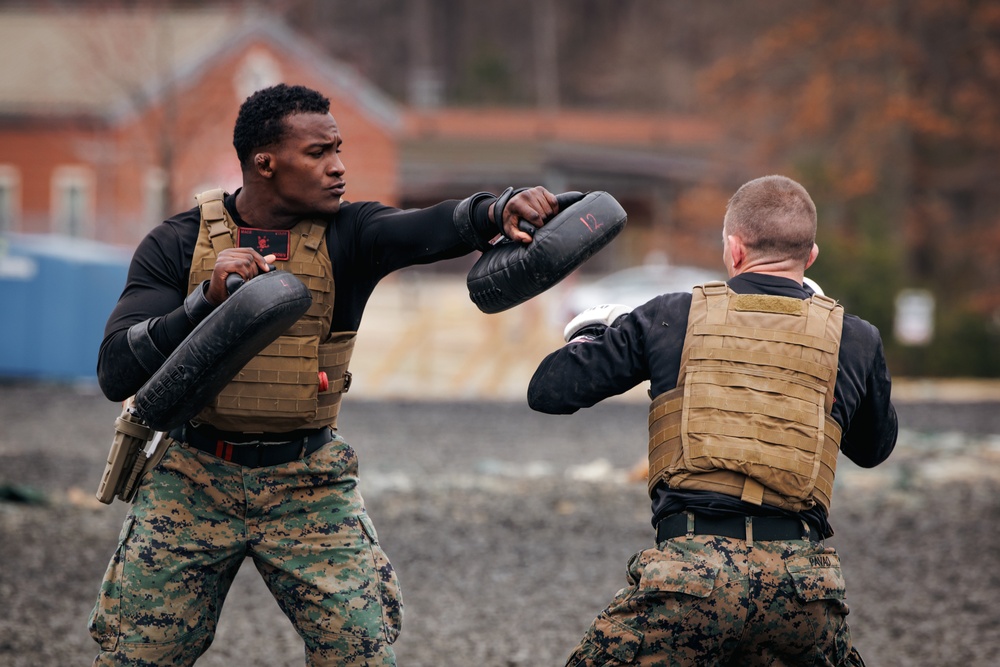 Matrial Arts Instructor Trainers conduct a MCMAP demonstration at The Basic School