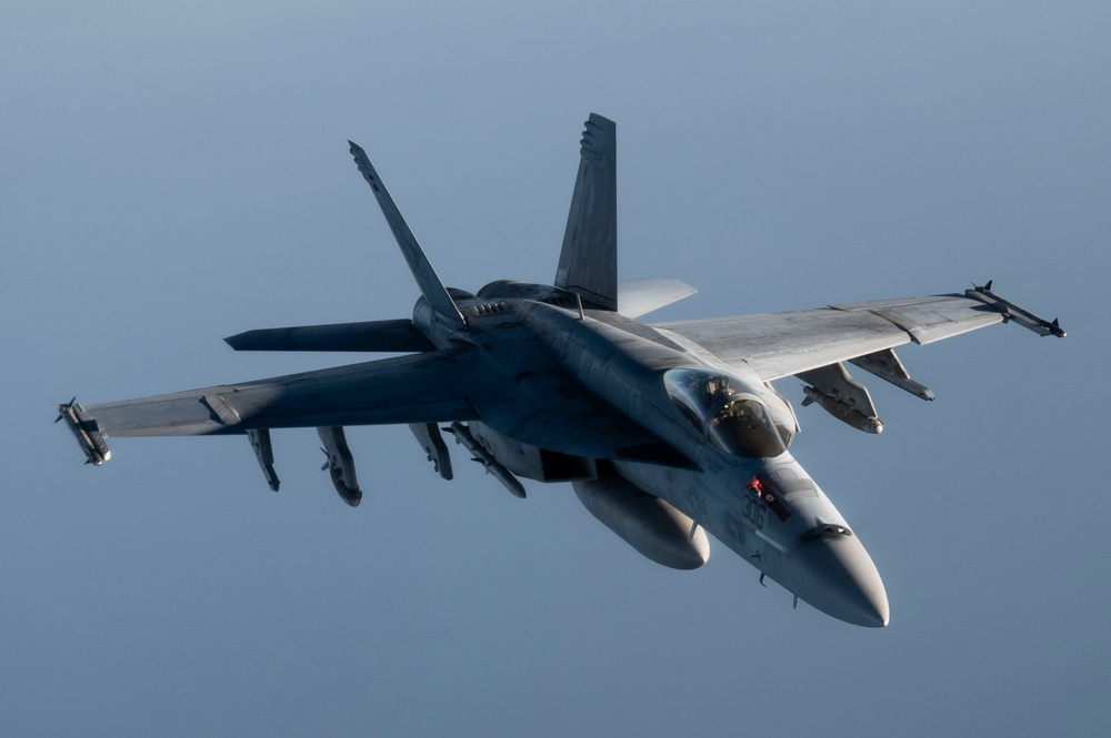 Super Hornets aerially refueled over the USCENTCOM AOR