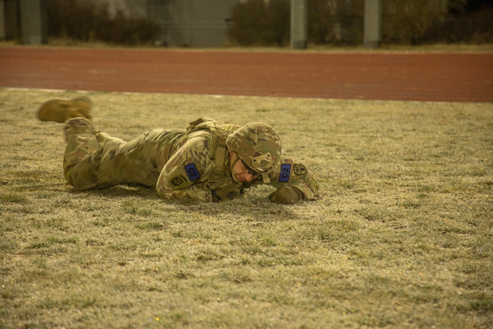 Soldiers complete the expert physical fitness assessment during Europe's 2025 Best Leader Competition