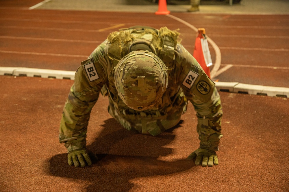 Soldiers complete the expert physical fitness assessment during Europe's 2025 Best Leader Competition