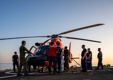 U.S. Coast Guard Cutter Kimball (WMSL 756) performs flight operations with Helicopter Interdiction Tactical Squadron Jacksonville