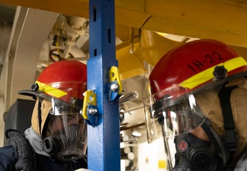 Iwo Jima Sailors take part in damage control efforts during general quarters