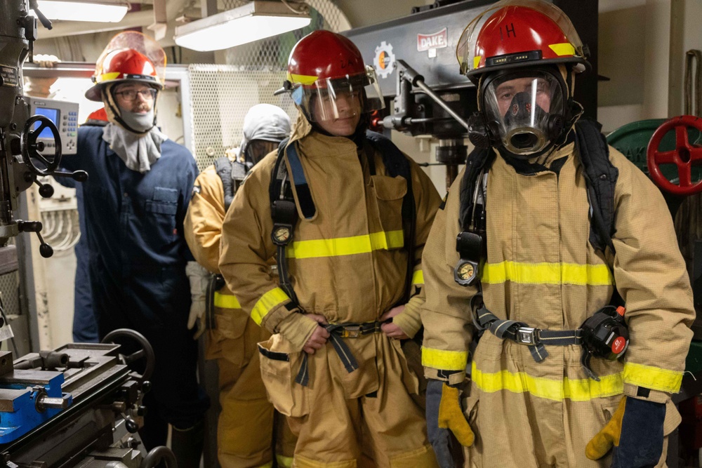Iwo Jima Sailors take part in damage control efforts during general quarters