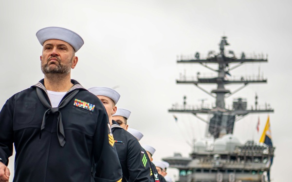 Nimitz Sailors Man the Rails While Departing For Deployment