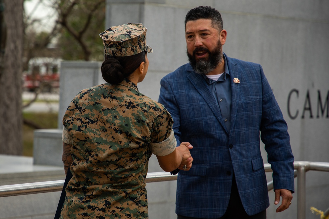 U.S Navy Petty Officer First Class Nancy Guillermo, a Queens, New York native with the 24th Marine Expeditionary Unit (MEU), is awarded the Geico Service Member of the Year award for the Navy at the Lejeune Memorial Gardens, Jacksonville, N.C., March 24, 2025. As the 24th MEU’s Religious Programs Specialist, Guillermo was awarded the GEICO Service Member of the Year for organizing and participating in multiple volunteer and community relation events, both on and off duty, during the pre-deployment training cycle and deployment. (U.S. Marine Corps photo by Cpl. Victoria Hutt)