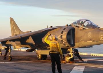 AV-8B Harrier Lands prepares to depart from the USS Iwo Jima (LHD 7)