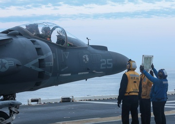 AV-8B Harrier prepares to depart from the USS Iwo Jima (LHD 7)