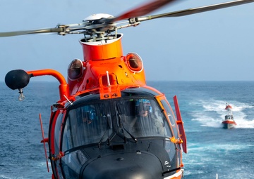 U.S. Coast Guard Cutter Kimball conducts small boat pursuit training and flight operations