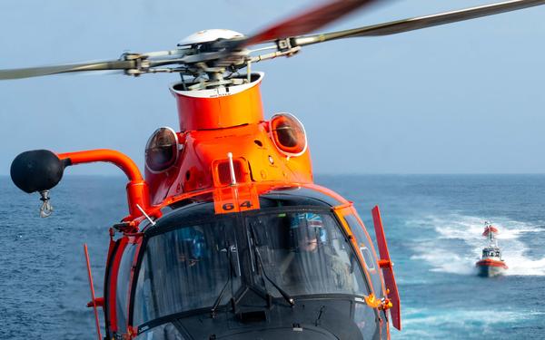 U.S. Coast Guard Cutter Kimball conducts small boat pursuit training and flight operations