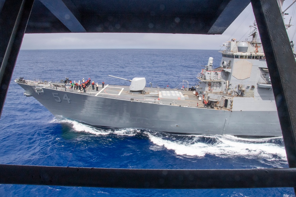 The USS Curtis D. Wilbur Approaches the USS Nimitz for a Refueling-at-Sea