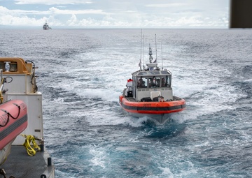 U.S. Coast Guard Cutter Kimball conducts at-sea detainee and drug transfer with U.S. Coast Guard Cutter Forward