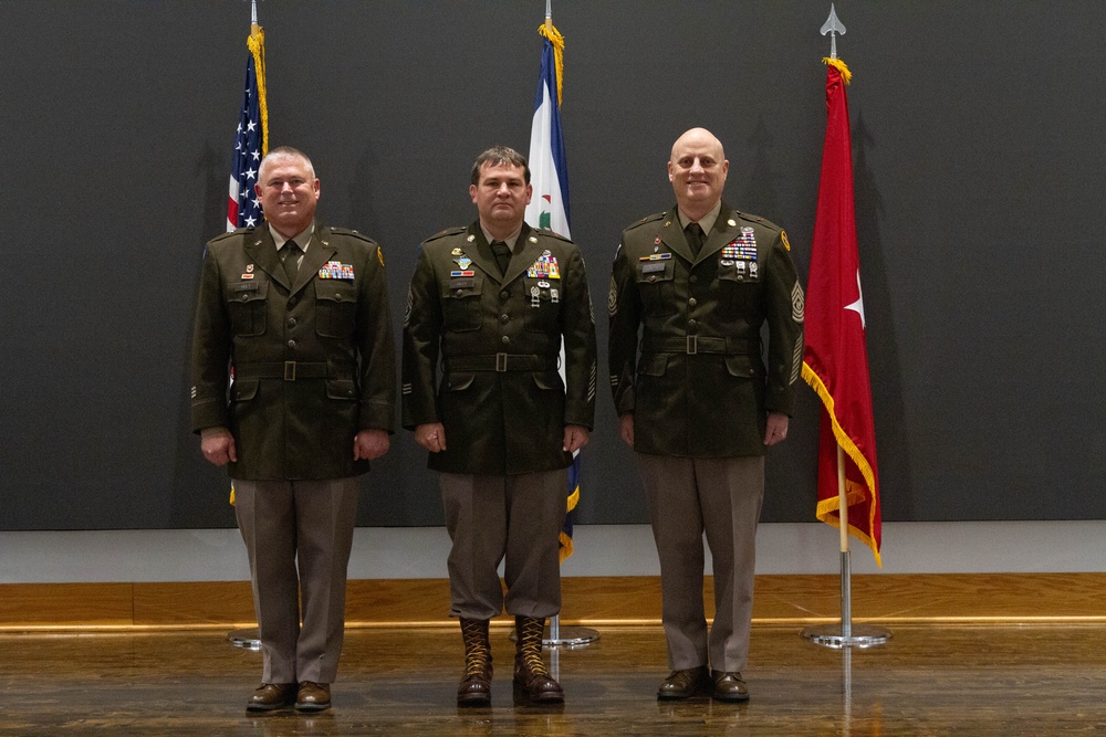 Master Sgt. Shawn Riley stands with Brig. Gen. Holt and Command Sgt. Maj. Kincaid.