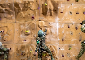 U.S. and Indian Soldiers climb rock wall during Tiger Triumph