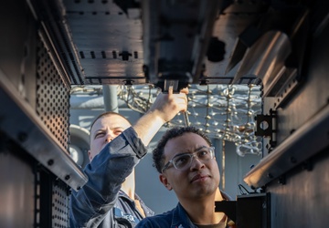 Fire Controlmen onboard USS Iwo Jima perform maintenance on NATO Sea Sparrow