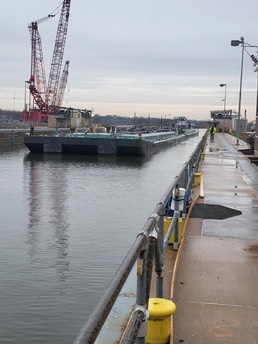 Lockport Lock reopens after temporary repairs: first vessel through.