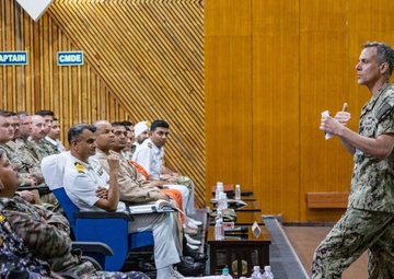 Commander, Task Force (CTF) 70 speaks during Exercise Tiger Triumph 2025 presail brief
