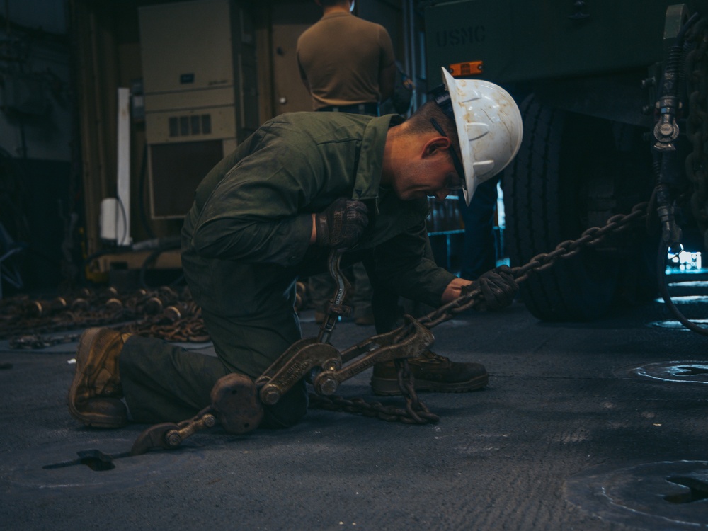 22nd MEU | Combat Cargo on USS Iwo Jima Conducts Well Deck Operations During PMINT