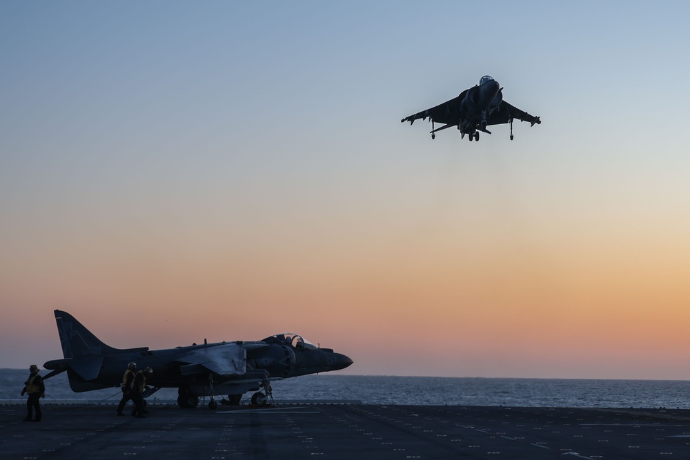USS Iwo Jima Air Department Conducts Evening Flight Operations With VMA 223