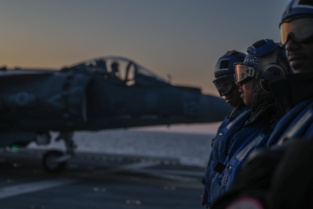 USS Iwo Jima Air Department Conducts Evening Flight Operations With VMA 223