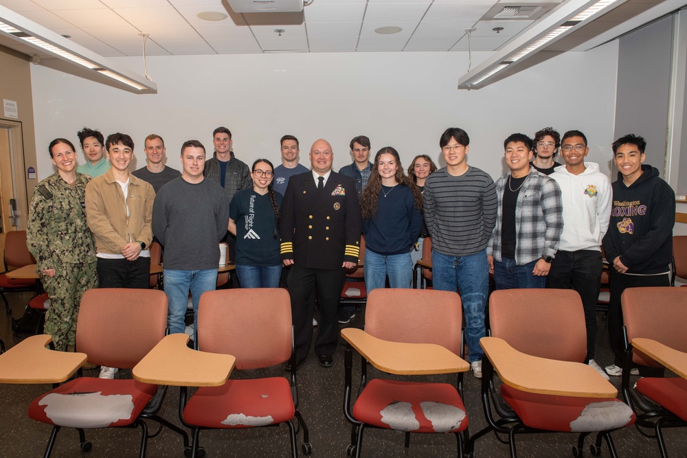 USS Ronald Reagan (CVN 76) commanding officer, Capt. Dale Gregory speaks to students about leadership