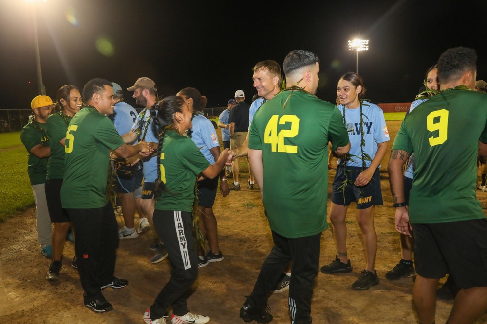 Sailors compete against Soldiers in Navy vs. Army softball game during American Samoa Navy Week