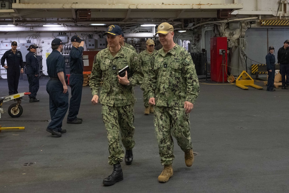 Rear Admiral Stuart C. Satterwhite visits USS America