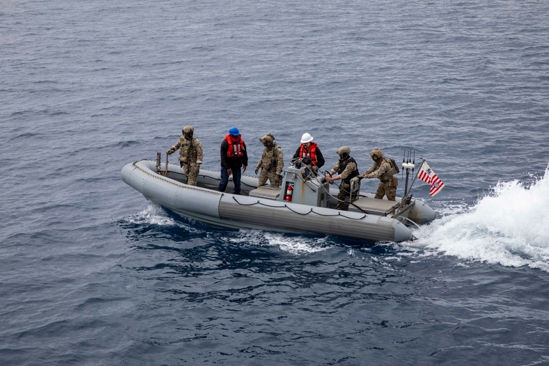 U.S.S. Stockdale conducts small-boat operations with U.S. Coast Guard