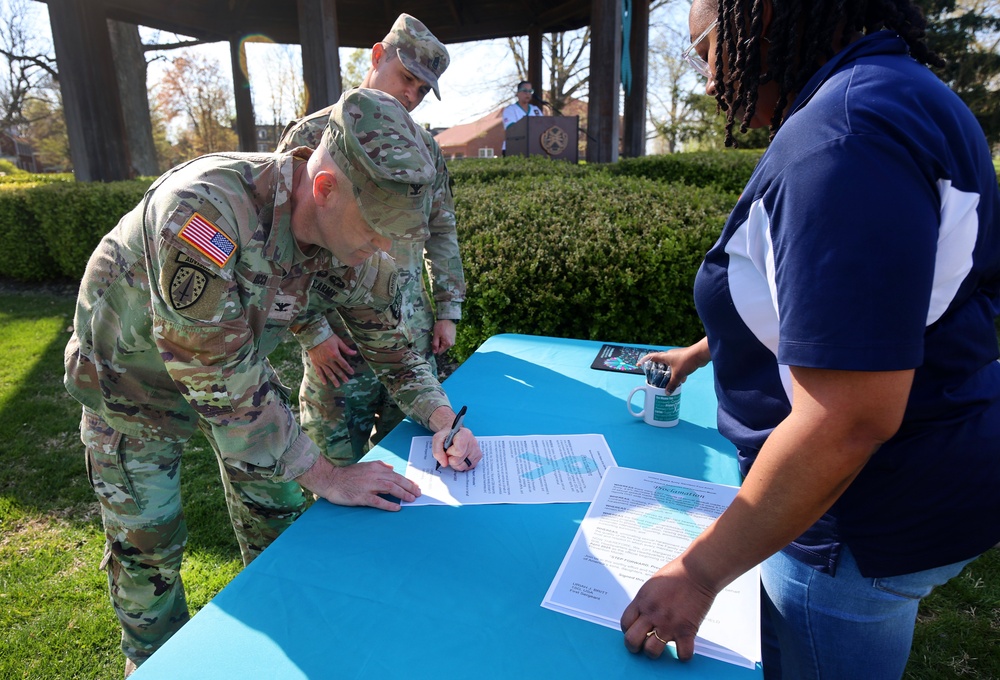 Fort Knox community gathers for sexual assault awareness month ribbon lighting, proclamation signing