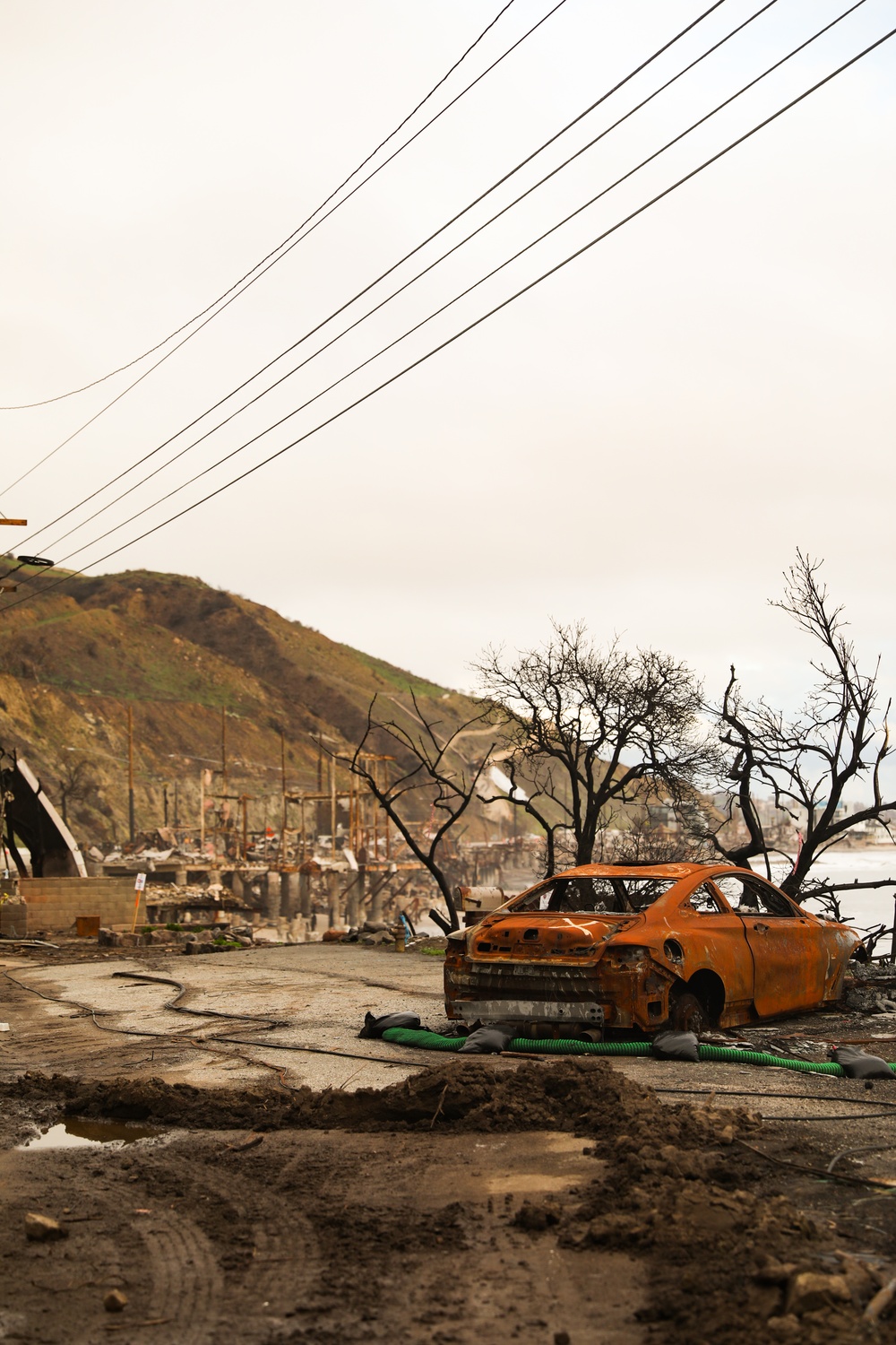 Wildfire damage near a California National Guard Traffic Control Point