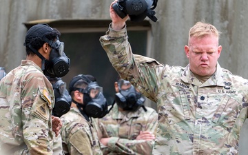 The Soldiers from the U.S. Army Materiel Support Command - Korea headquarters and 498th Combat Sustainment Support Battalion (CSSB) conducted CBRN mask confidence training at the gas chamber in Camp Carroll on Apr. 17.