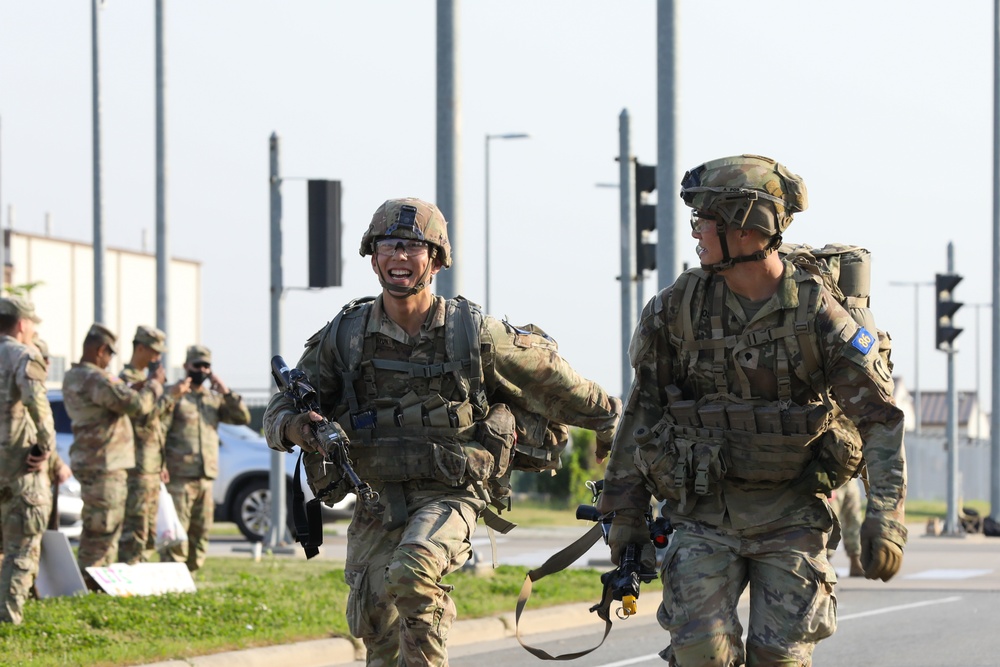 U.S. and ROK soldiers participate in the final 12-mile ruck march for E3B.