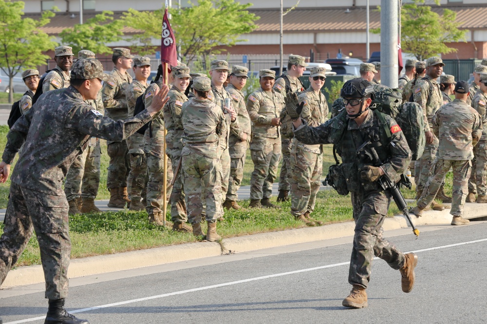 U.S. and ROK soldiers participate in the final 12-mile ruck march for E3B.