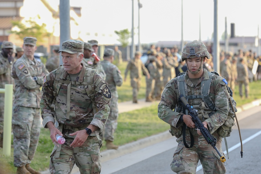 U.S. and ROK soldiers participate in the final 12-mile ruck march for E3B.