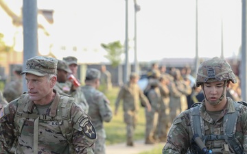U.S. and ROK soldiers participate in the final 12-mile ruck march for E3B.
