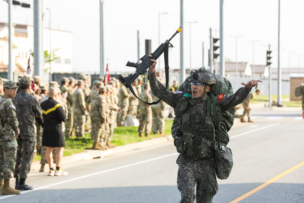 U.S. and ROK soldiers participate in the final 12-mile ruck march for E3B.